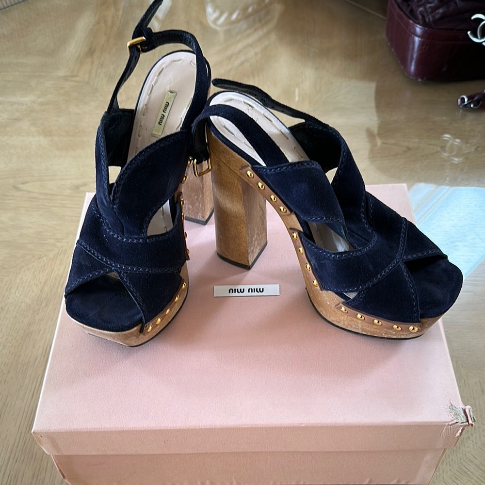 Miu Miu Gold and Blue Platform Shoes